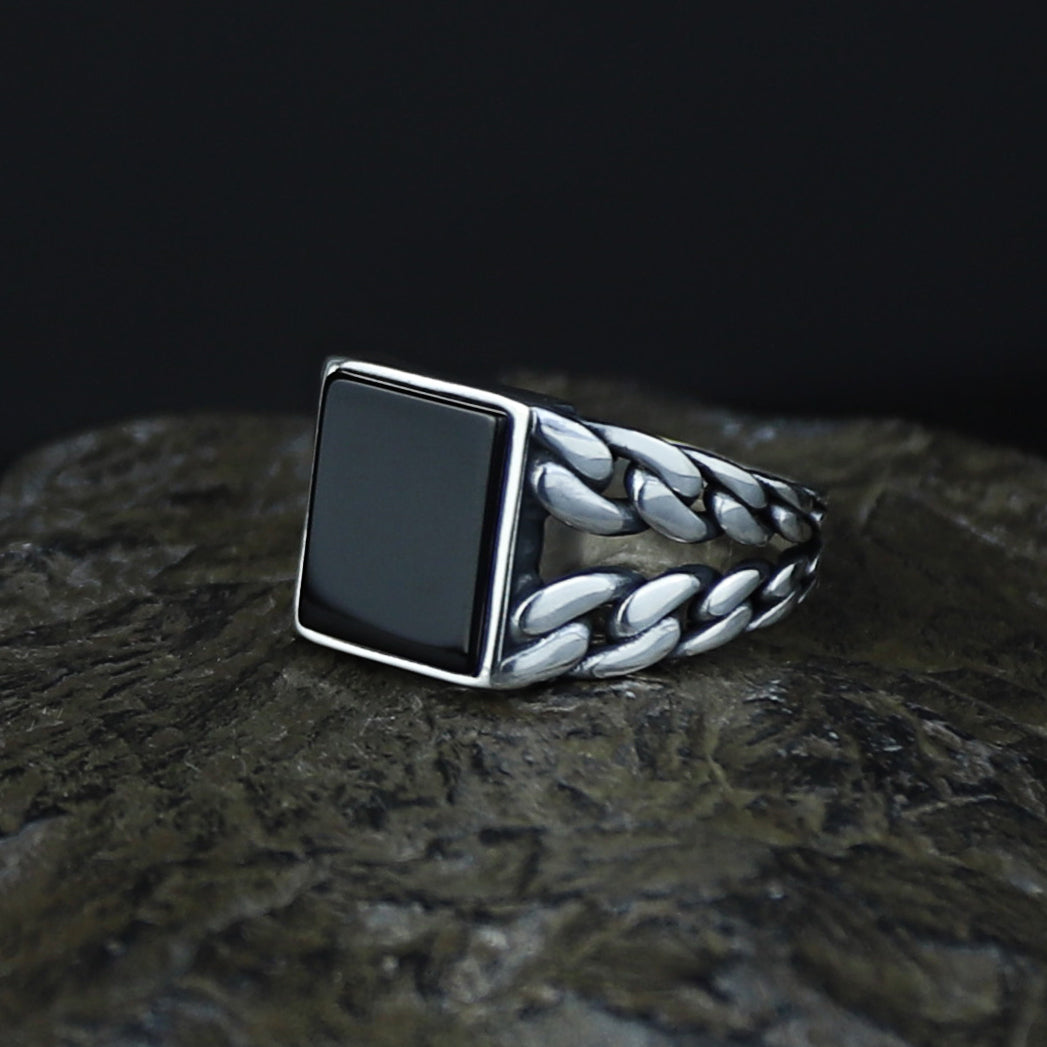 Men Solid Silver Square Black Onyx Gemstone Handmade Ring