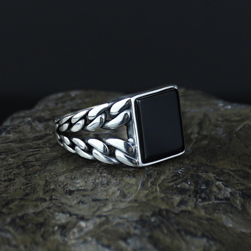 Men Solid Silver Square Black Onyx Gemstone Handmade Ring