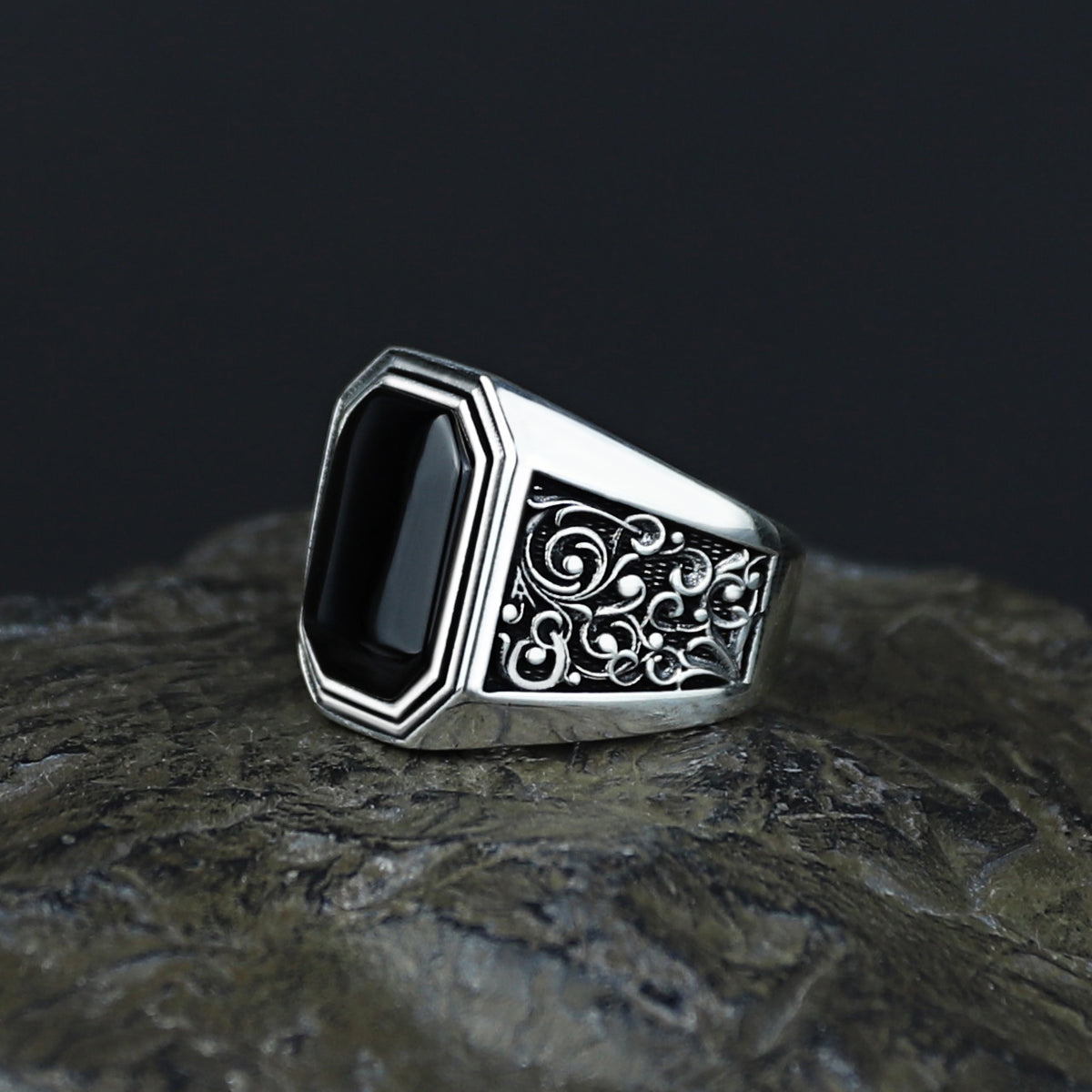 Men Solid Silver Engraved Black Onyx Stone Ring