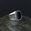 Men Solid Silver Engraved Black Onyx Stone Ring