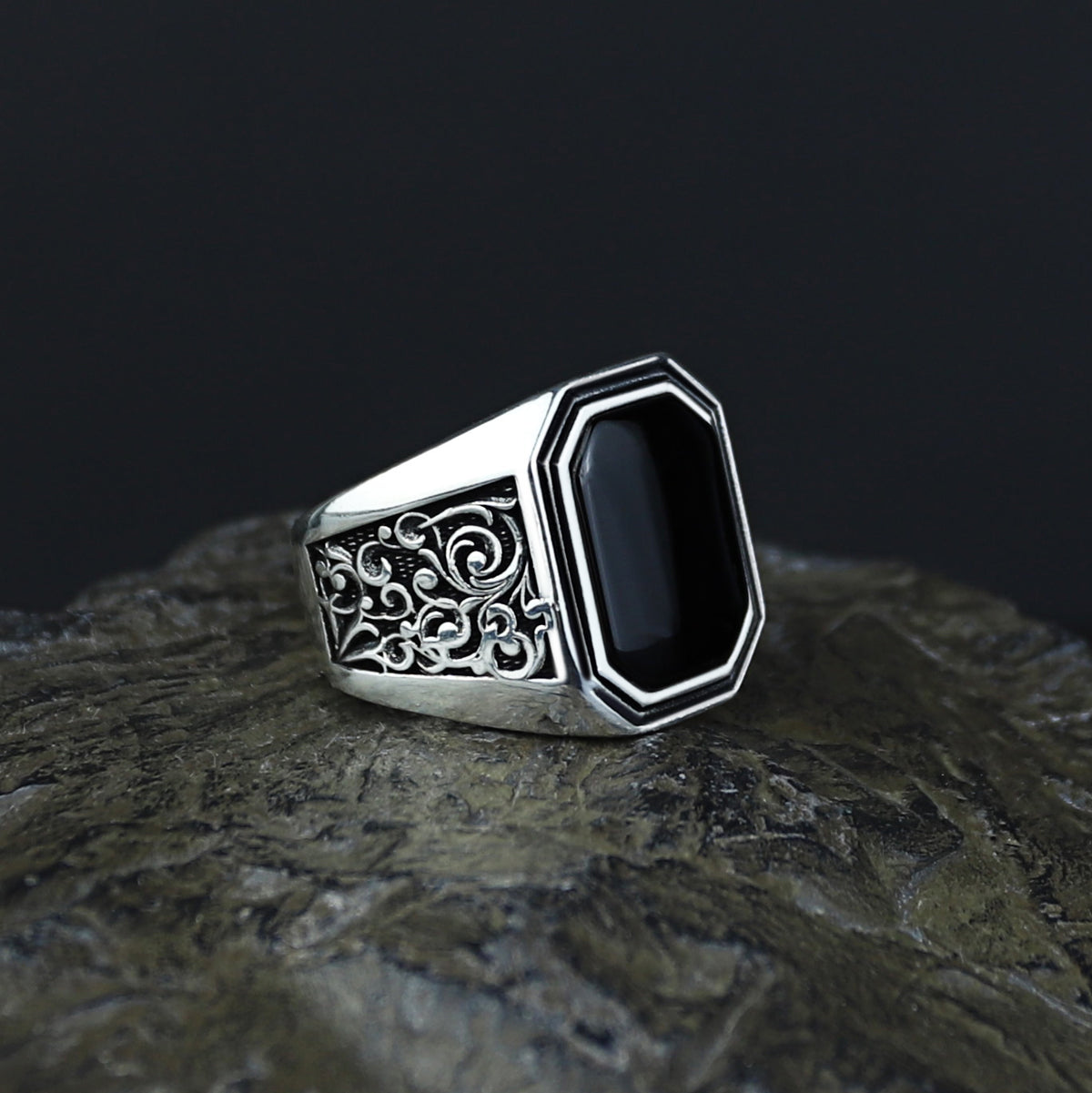 Men Solid Silver Engraved Black Onyx Stone Ring