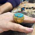 Men Silver Large Gold Plated Turquoise Stone Ring