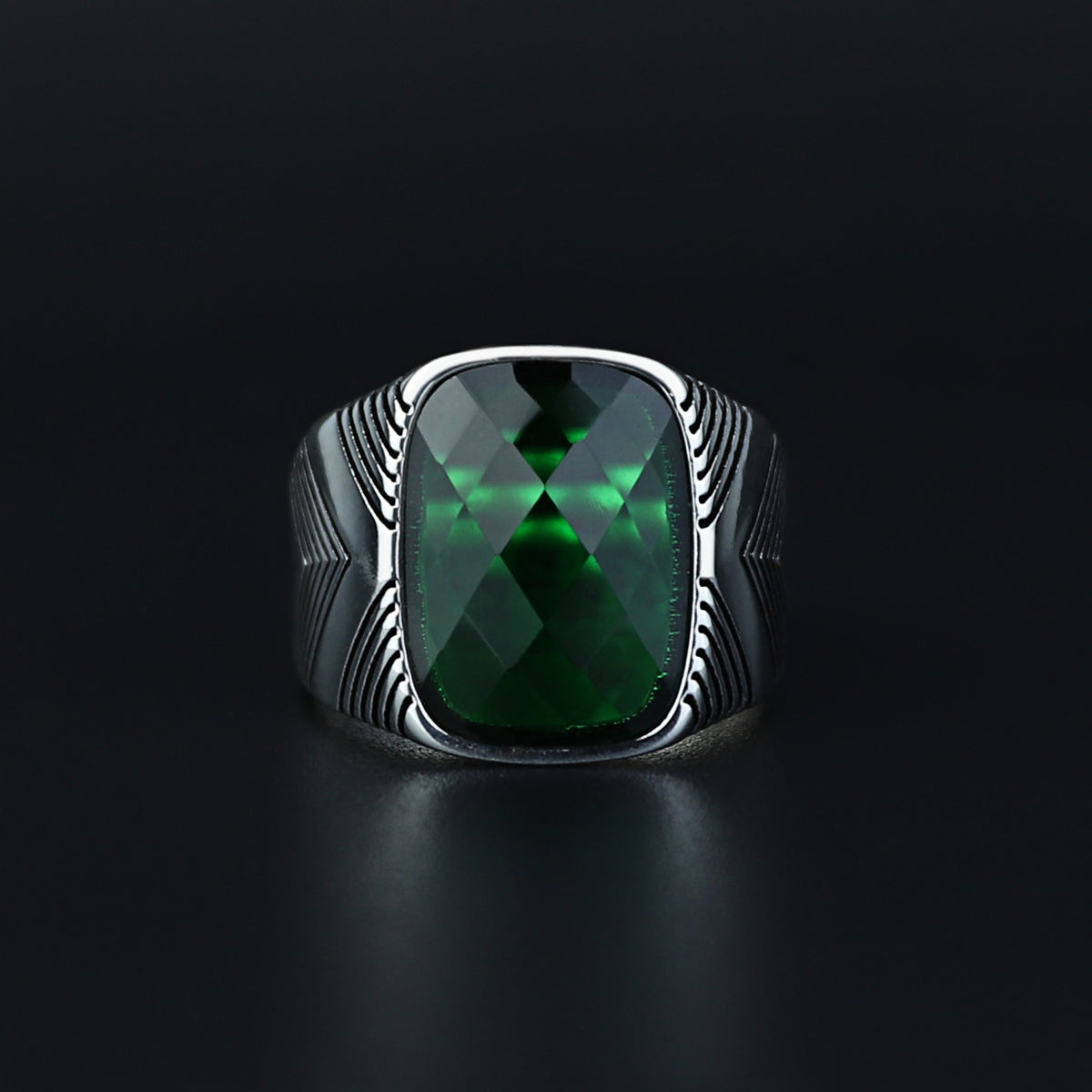 Men Handmade Engraved Green Square Gemstone Ring