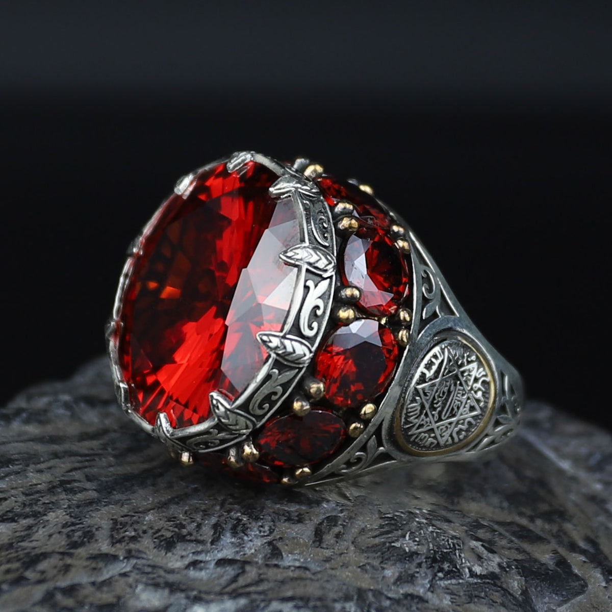 Men Silver Ruby Stone Solomon Signet Ring, King Solomon Signet Ring, 925 Sterling Silver