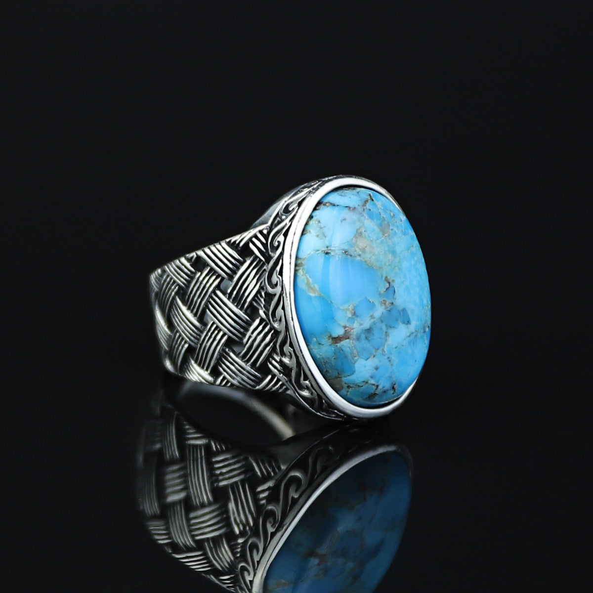 Men Handmade Knitted Natural Turquoise Gemstone Ring