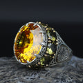 925 Sterling Silver Round Citrine Yellow Gemstone Solomon Signet Ring, King Solomon Signet Ring