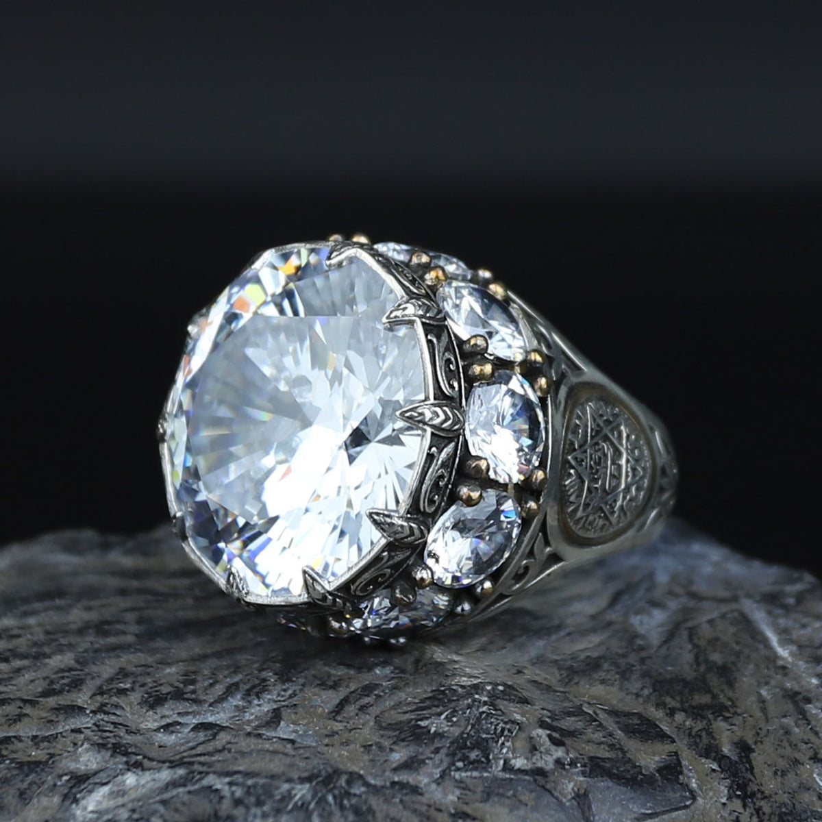 925 Sterling Silver White Diamond Gemstone Solomon Signet Ring, King Solomon Signet Large Ring, 925 Sterling Silver