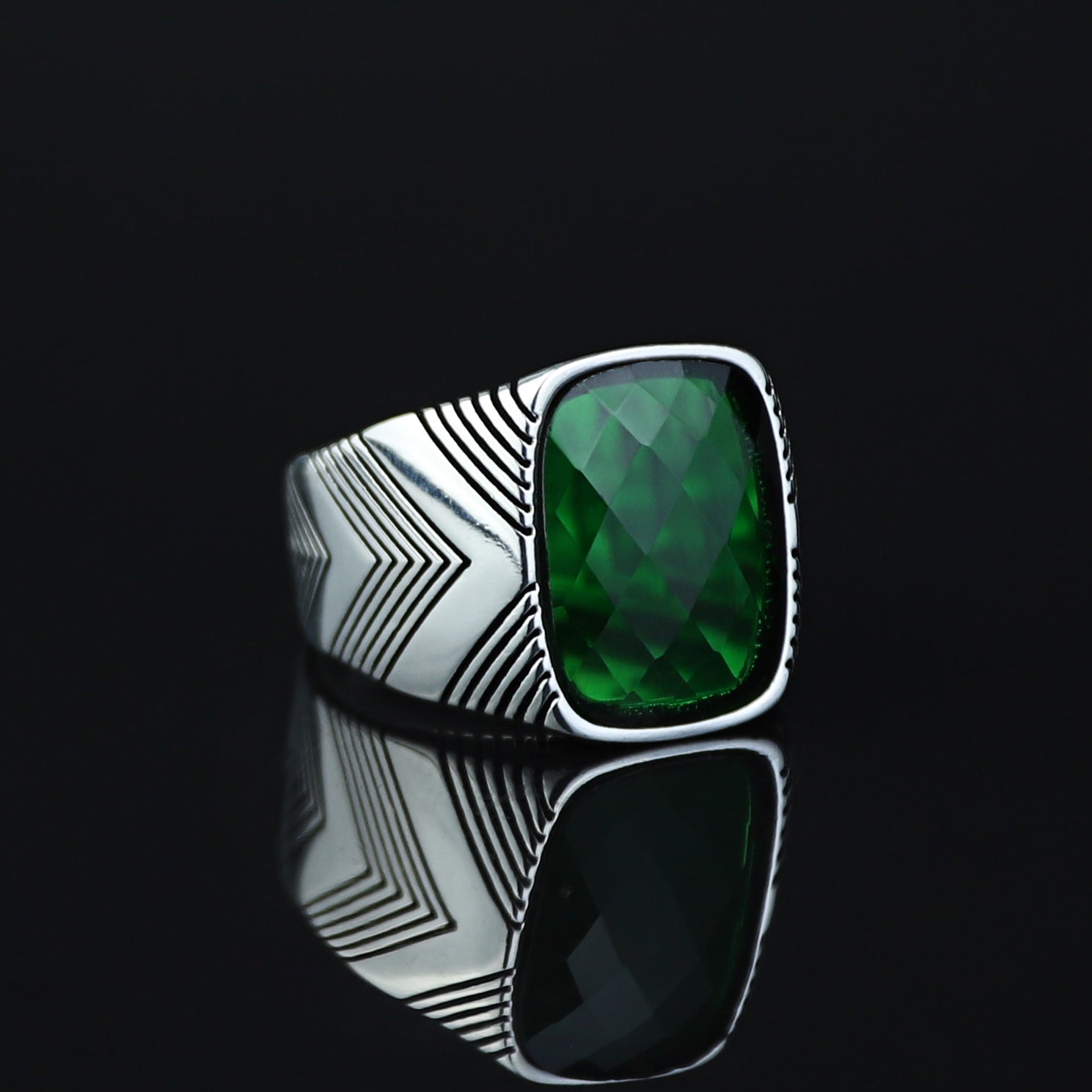 Men Handmade Engraved Green Square Gemstone Ring