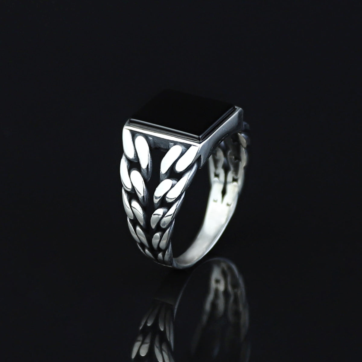 Men Solid Silver Square Black Onyx Gemstone Handmade Ring