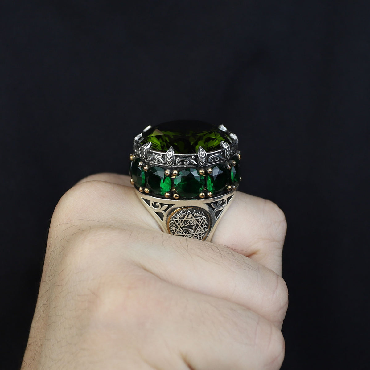 Men Handmade Emerald Solomon Signet Ring, King Solomon Signet Ring, 925 Sterling Silver