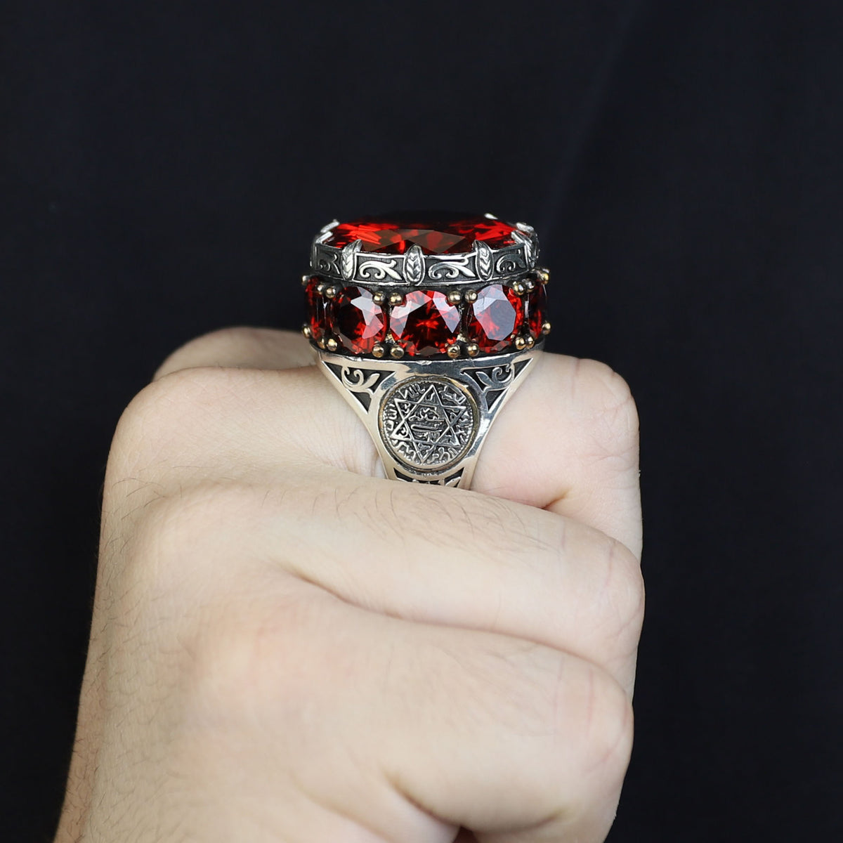Men Silver Ruby Stone Solomon Signet Ring, King Solomon Signet Ring, 925 Sterling Silver