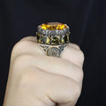 925 Sterling Silver Round Citrine Yellow Gemstone Solomon Signet Ring, King Solomon Signet Ring