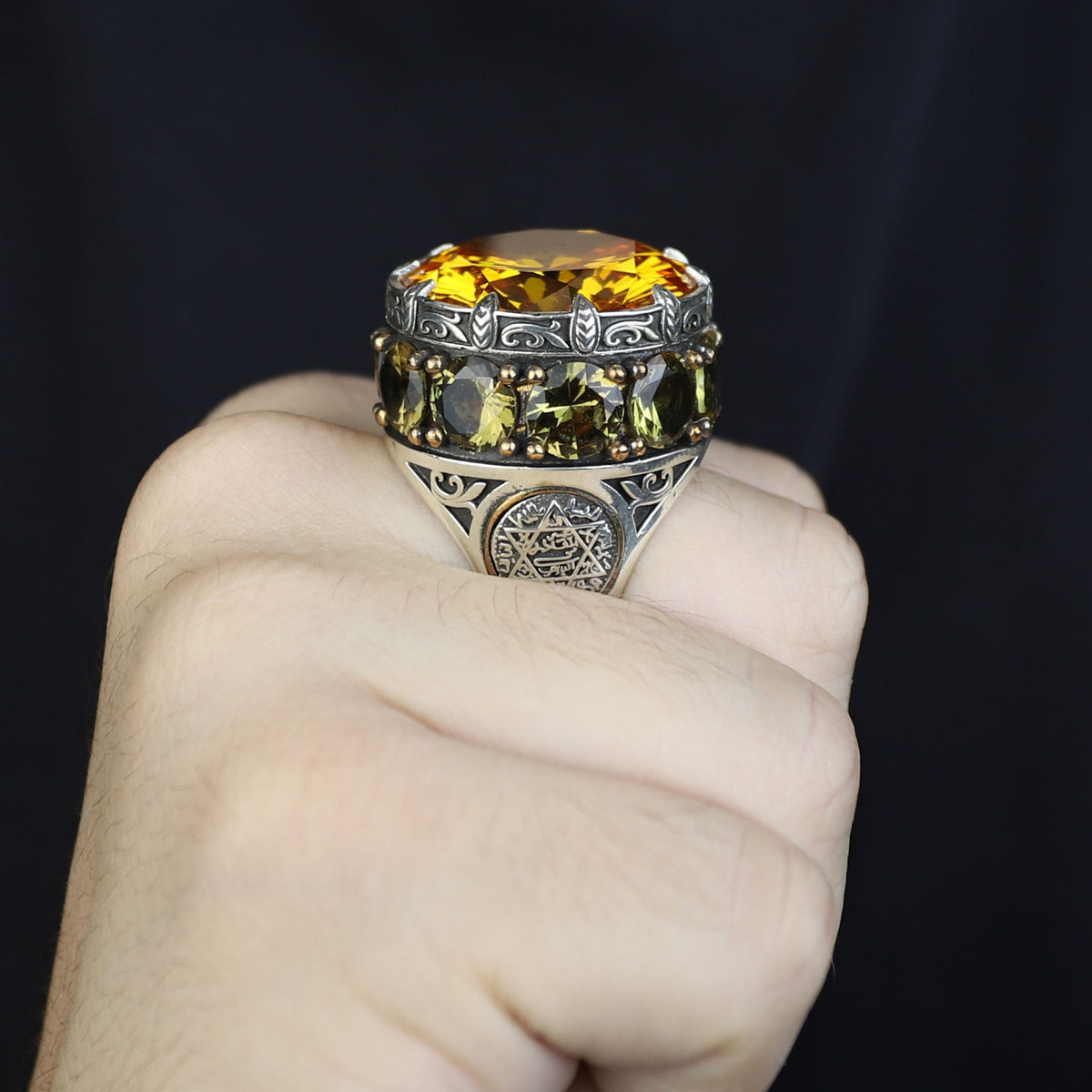 925 Sterling Silver Round Citrine Yellow Gemstone Solomon Signet Ring, King Solomon Signet Ring