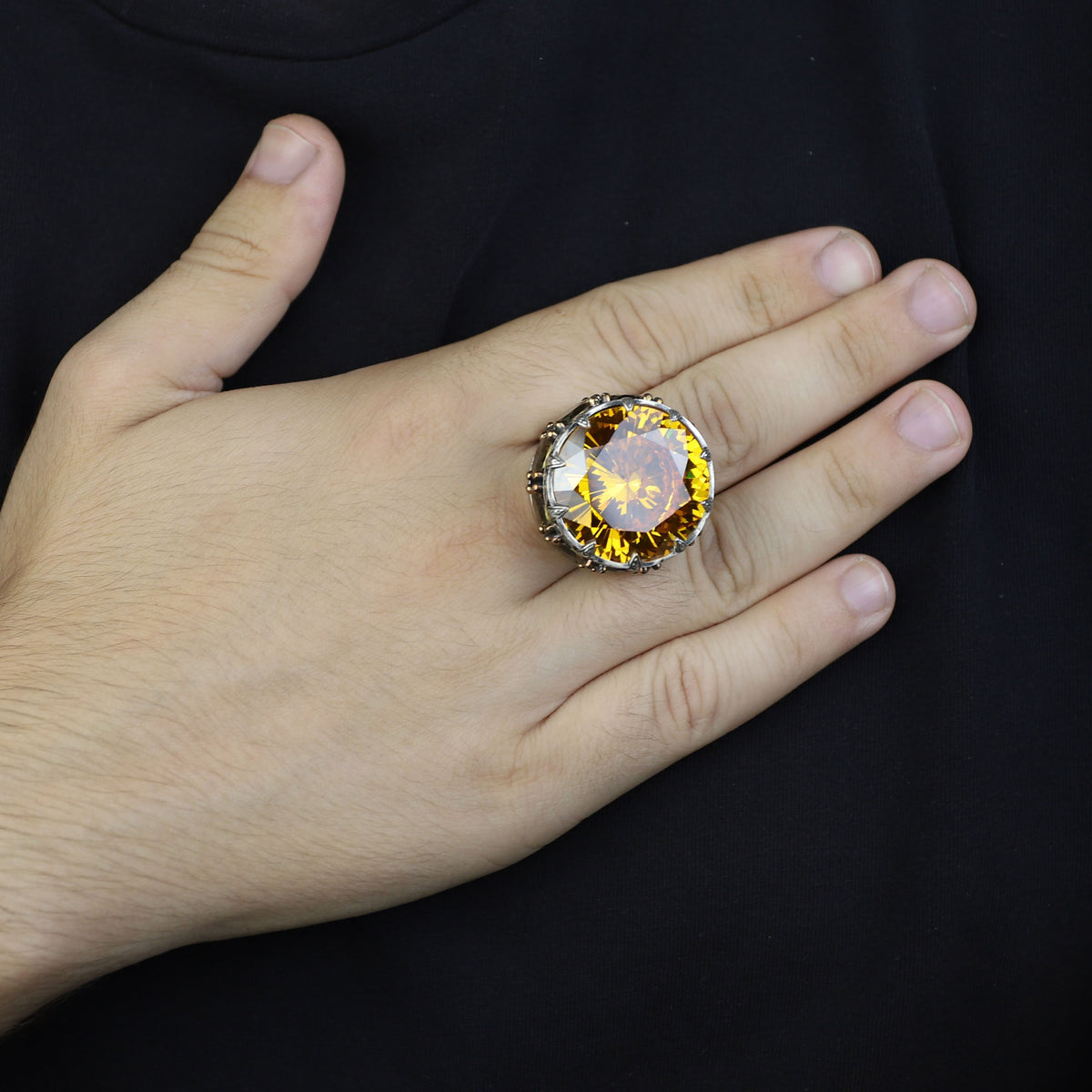 925 Sterling Silver Round Citrine Yellow Gemstone Solomon Signet Ring, King Solomon Signet Ring