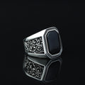 Men Solid Silver Engraved Black Onyx Stone Ring