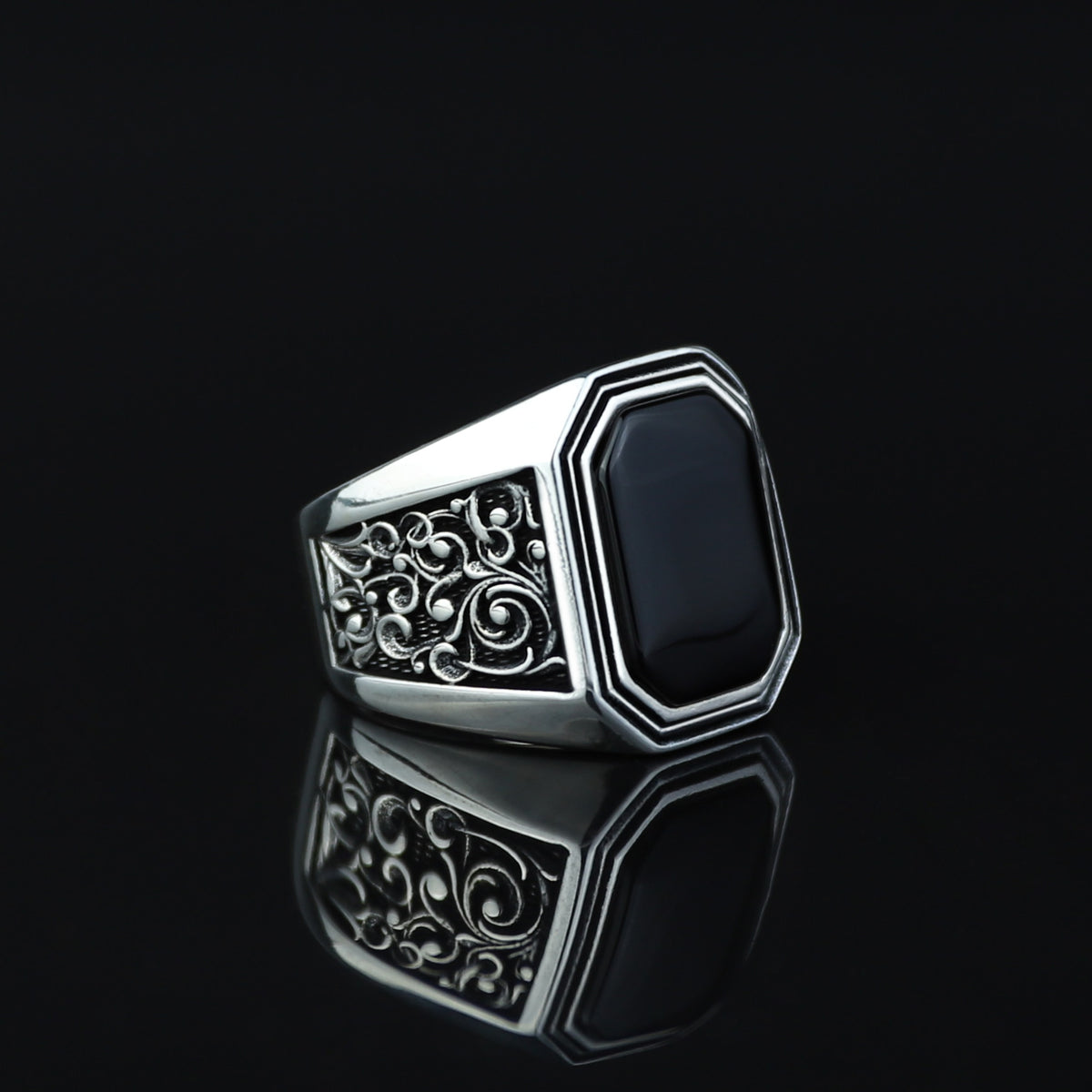 Men Solid Silver Engraved Black Onyx Stone Ring
