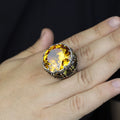 925 Sterling Silver Round Citrine Yellow Gemstone Solomon Signet Ring, King Solomon Signet Ring