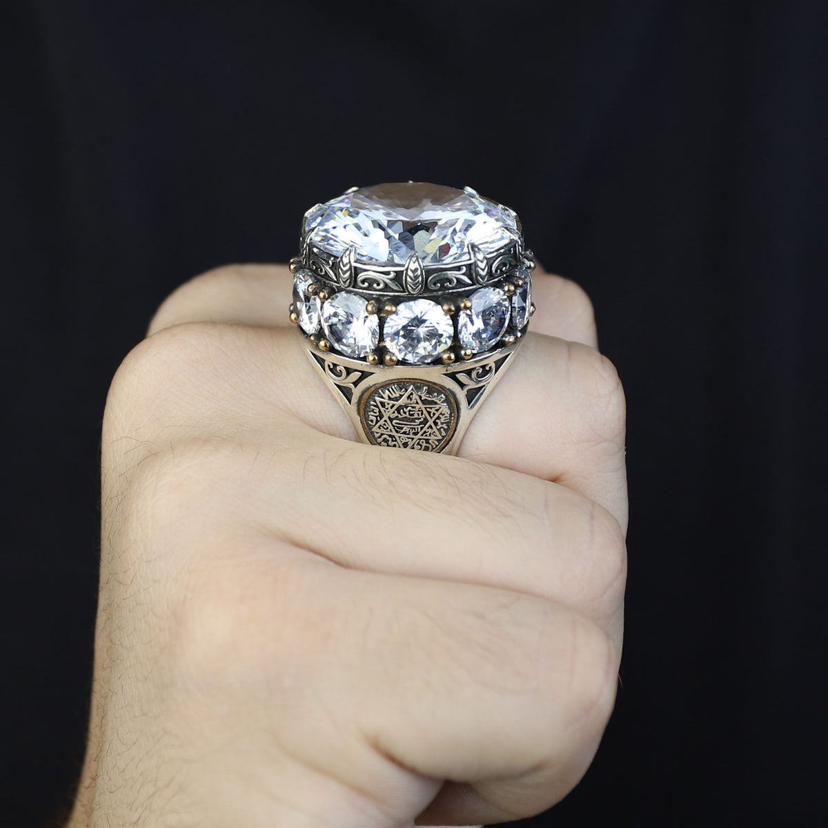 925 Sterling Silver White Diamond Gemstone Solomon Signet Ring, King Solomon Signet Large Ring, 925 Sterling Silver