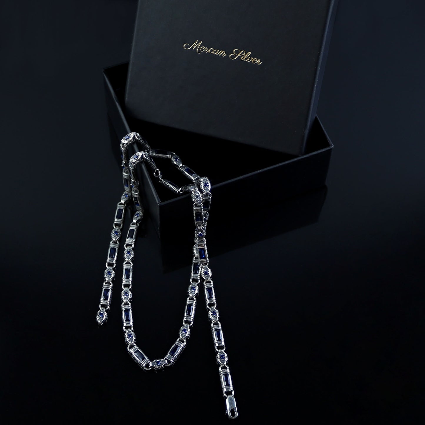 Silver Hand-Engraved Sapphire Gemstone Chain Link Necklace