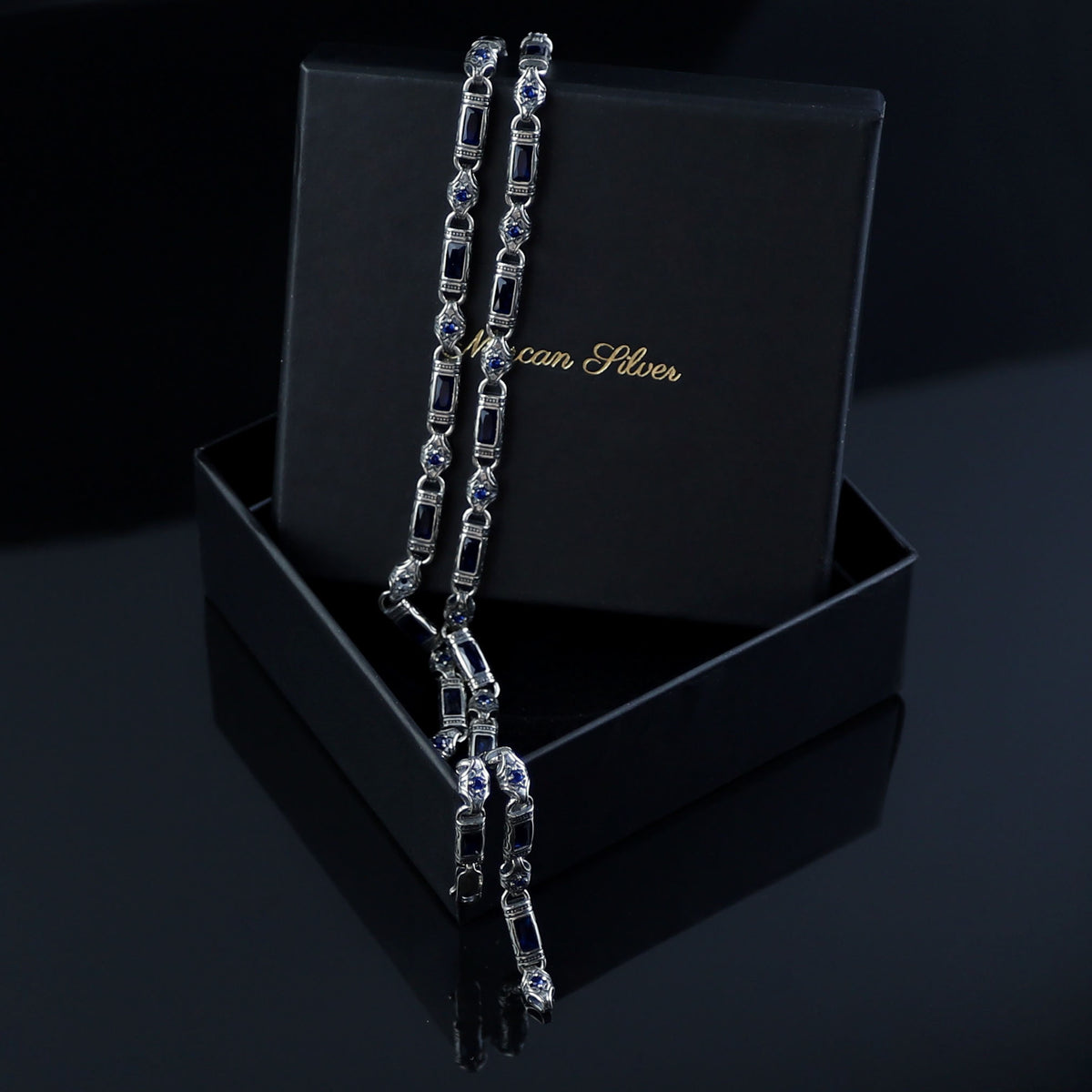 Silver Hand-Engraved Sapphire Gemstone Chain Link Necklace