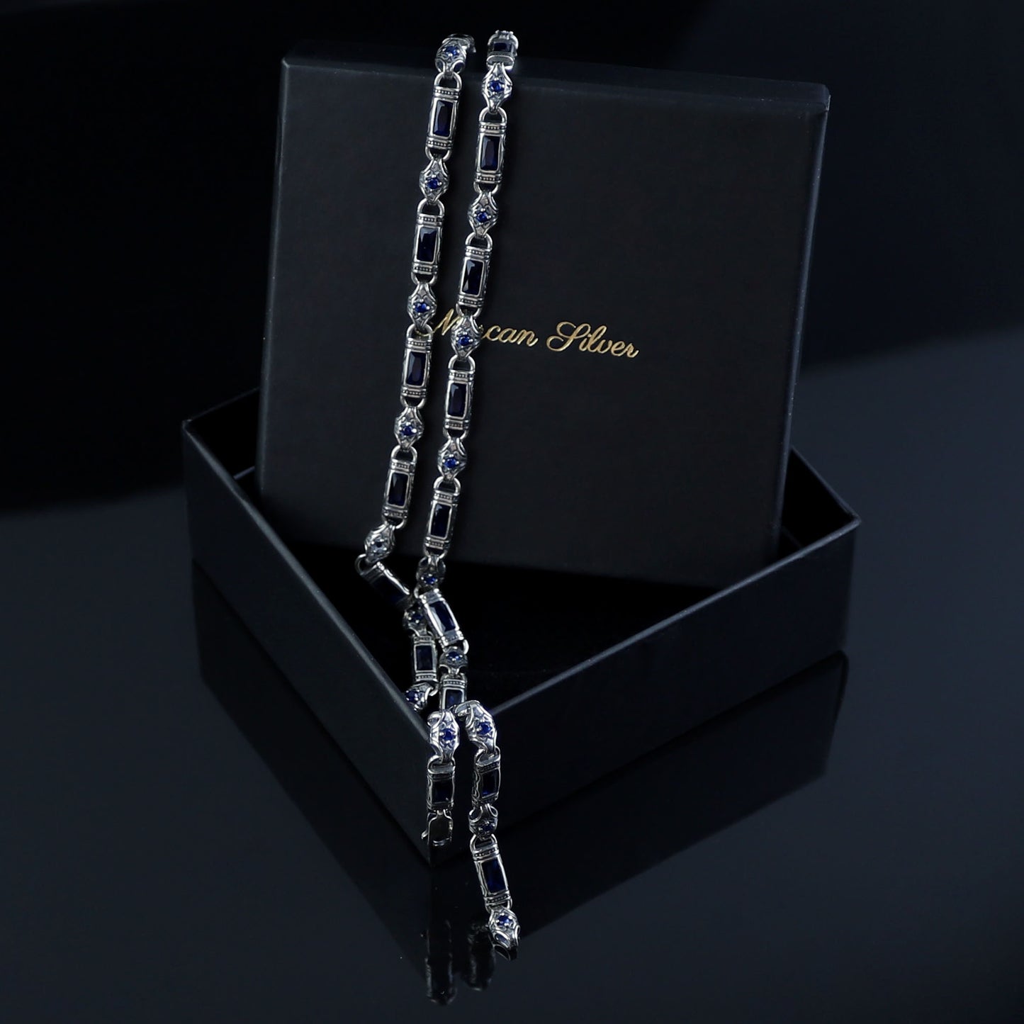 Silver Hand-Engraved Sapphire Gemstone Chain Link Necklace