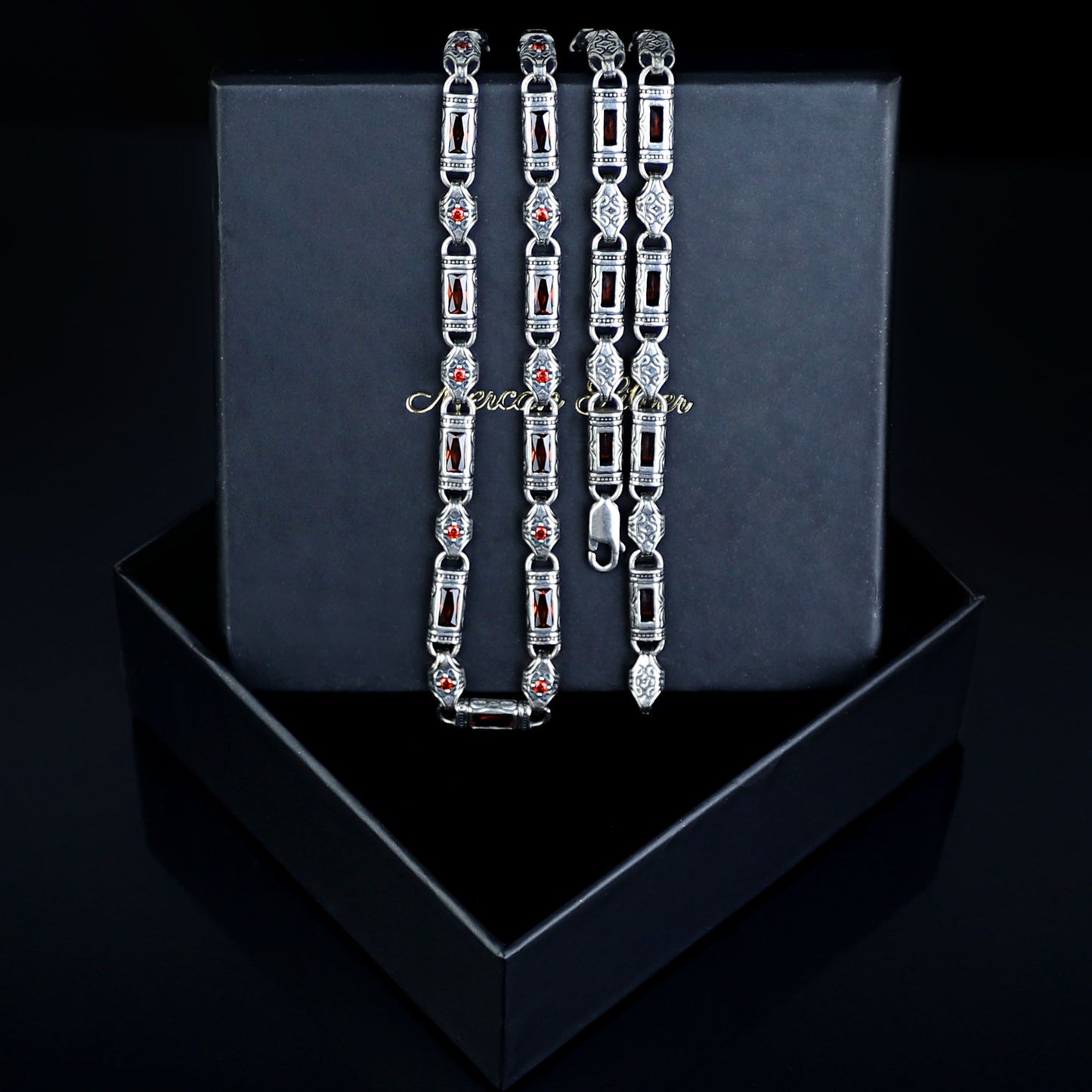 Silver Handmade Engraved Vintage Ruby Gemstone Chain Link Necklace