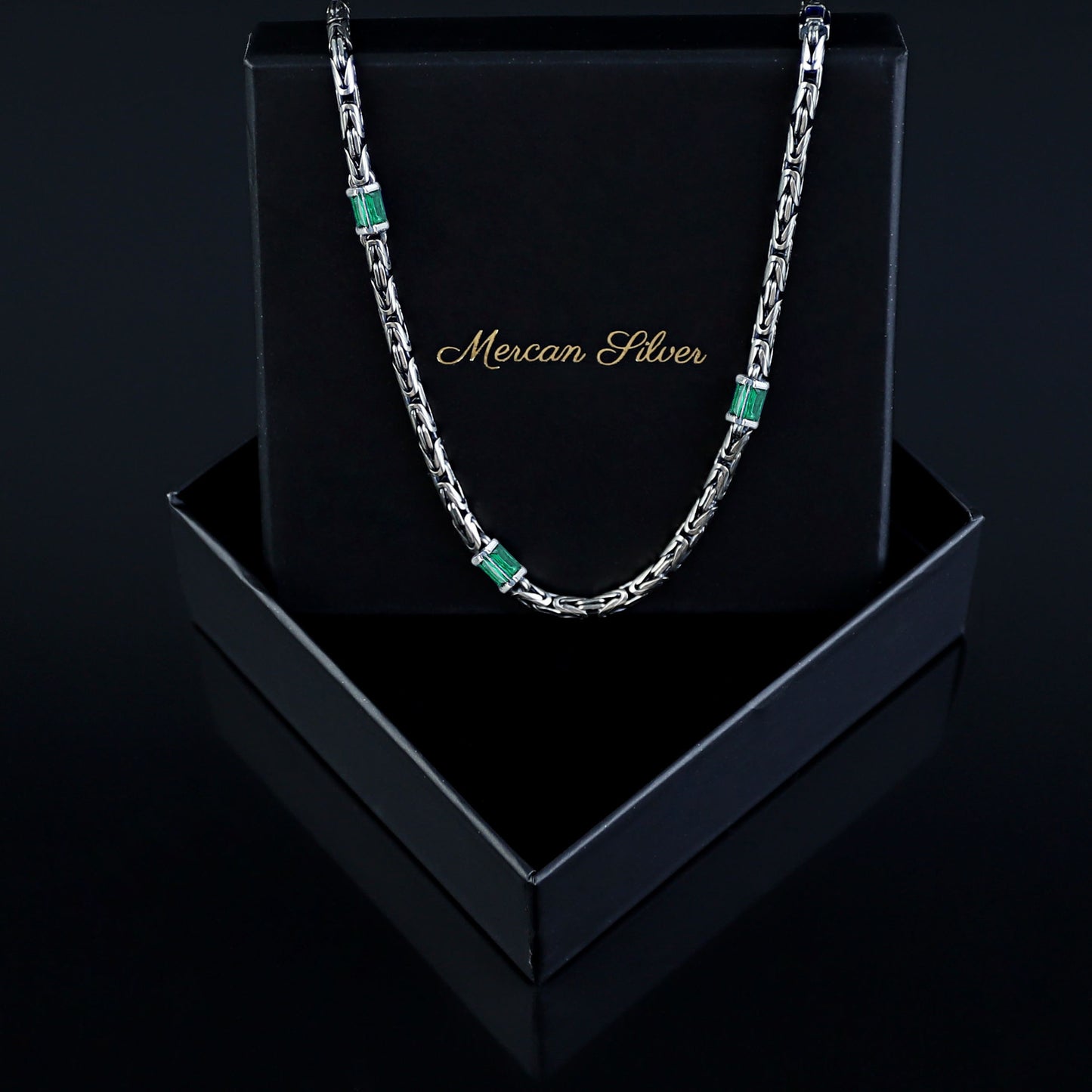 Silver Emerald Gemstone Byzantine Round King Chain Necklace