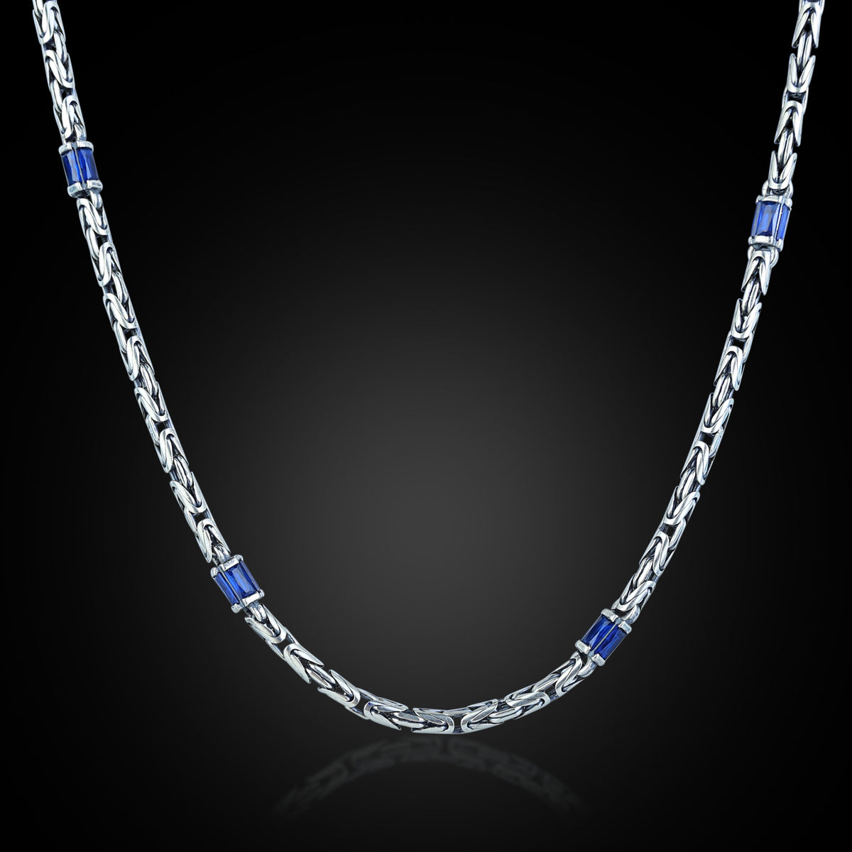 925 Silver Sapphire Gemstone Byzantine King Chain Necklace