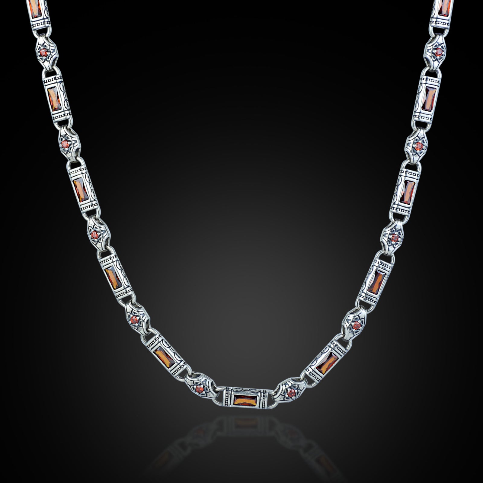 Collar de cadena de eslabones con piedras preciosas de rubí vintage, grabado a mano en plata