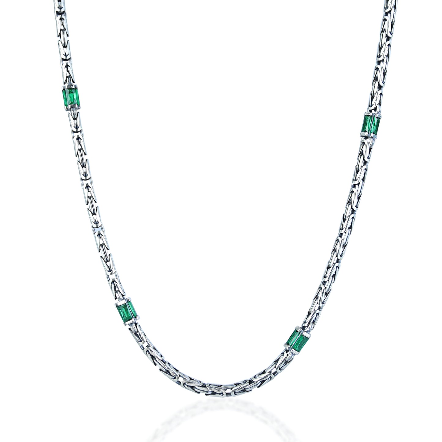 Silver Emerald Gemstone Byzantine Round King Chain Necklace