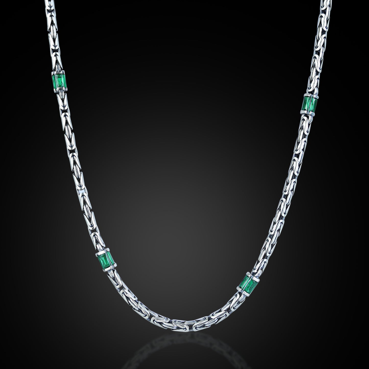 Silver Emerald Gemstone Byzantine Round King Chain Necklace