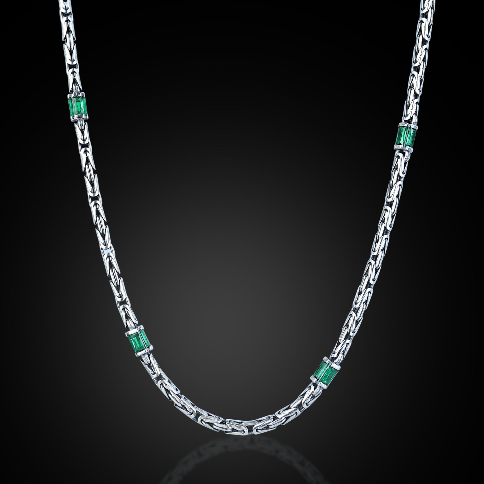 Silver Emerald Gemstone Byzantine Round King Chain Necklace