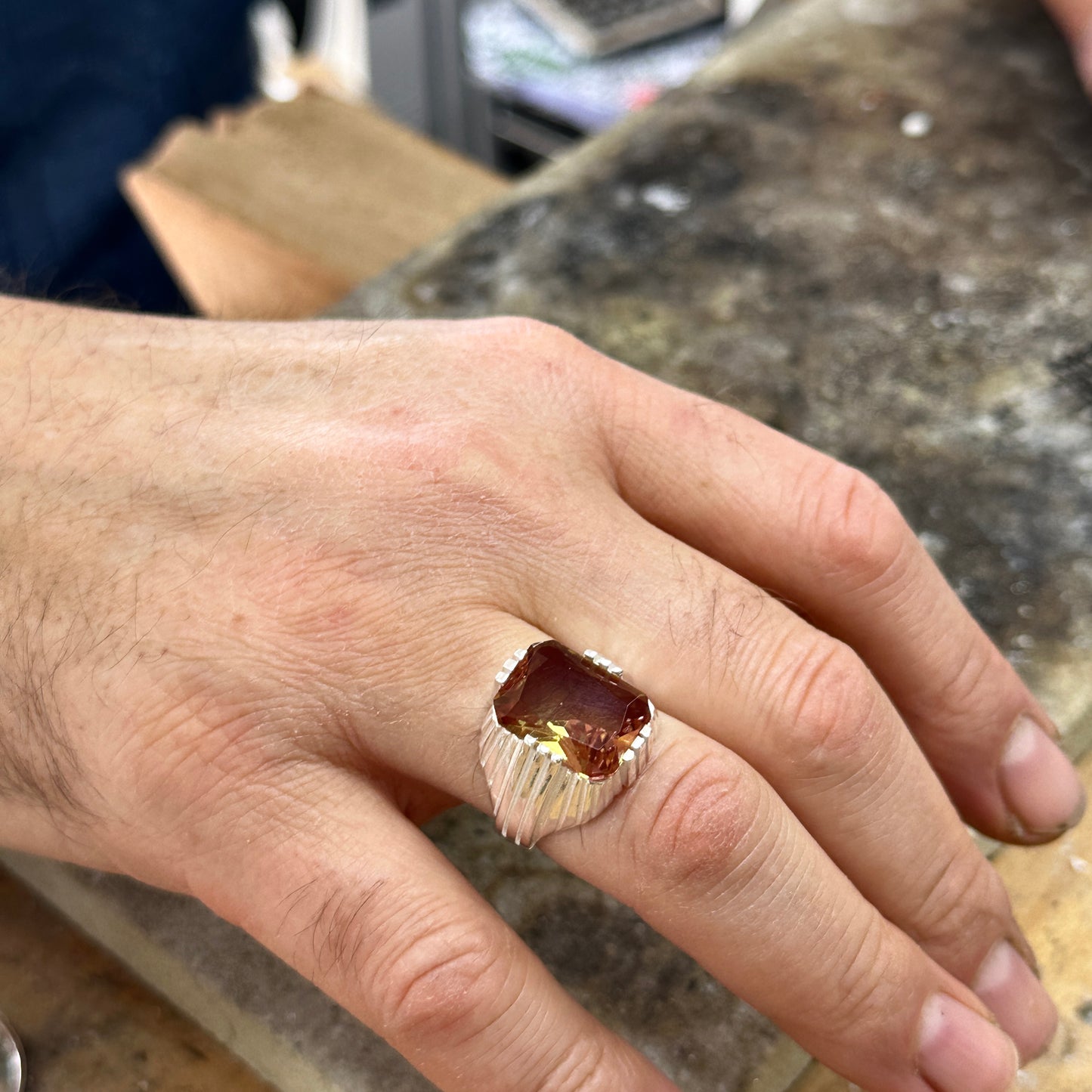 Men Handmade Square Gemstone Sultanite Ring