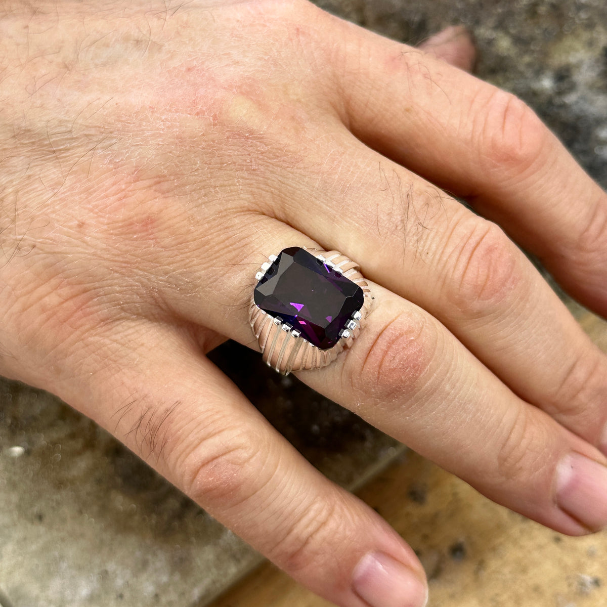 Men Silver Handmade Square Amethyst Stone Ring