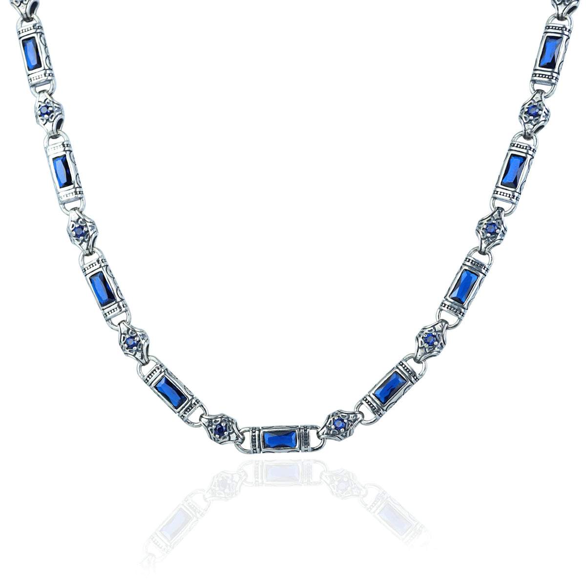 Silver Hand-Engraved Sapphire Gemstone Chain Link Necklace