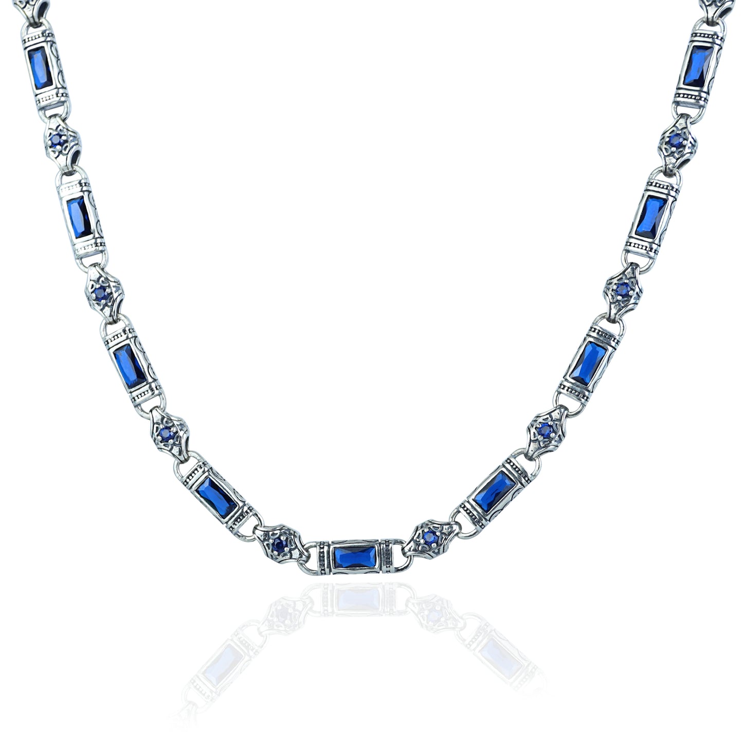 Silver Hand-Engraved Sapphire Gemstone Chain Link Necklace