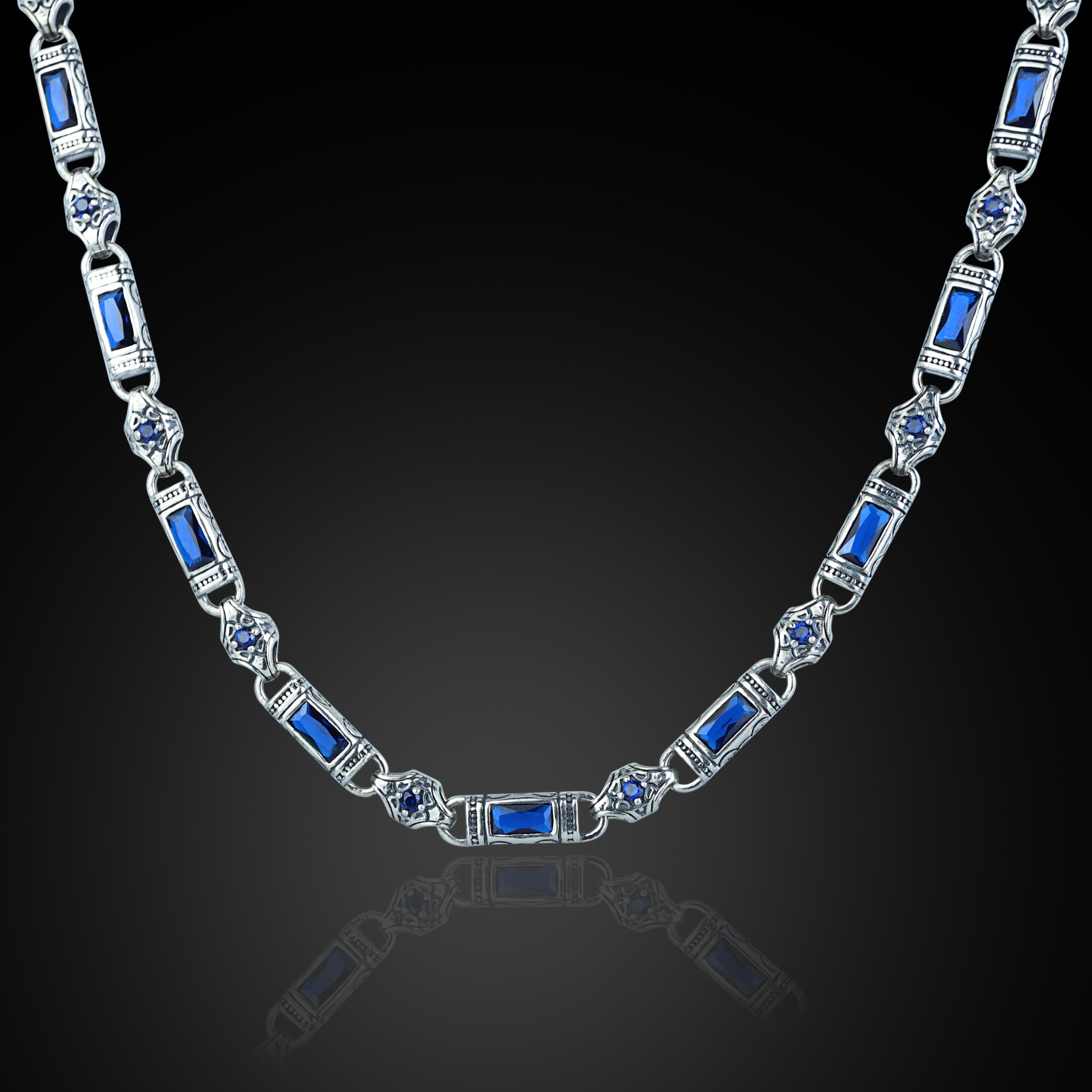 Silver Hand-Engraved Sapphire Gemstone Chain Link Necklace
