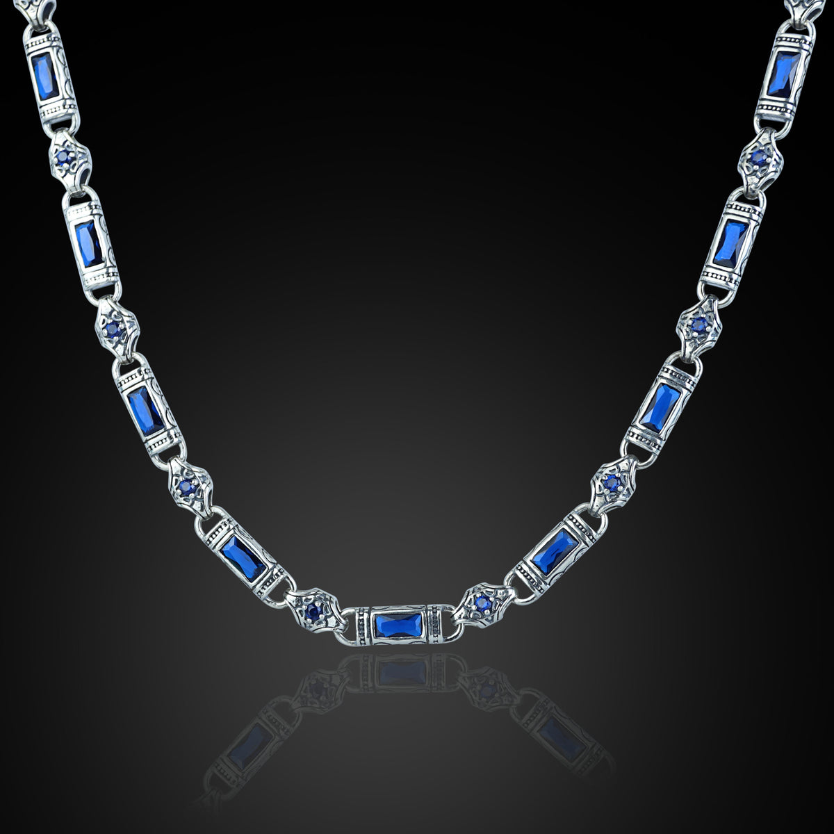 Silver Hand-Engraved Sapphire Gemstone Chain Link Necklace