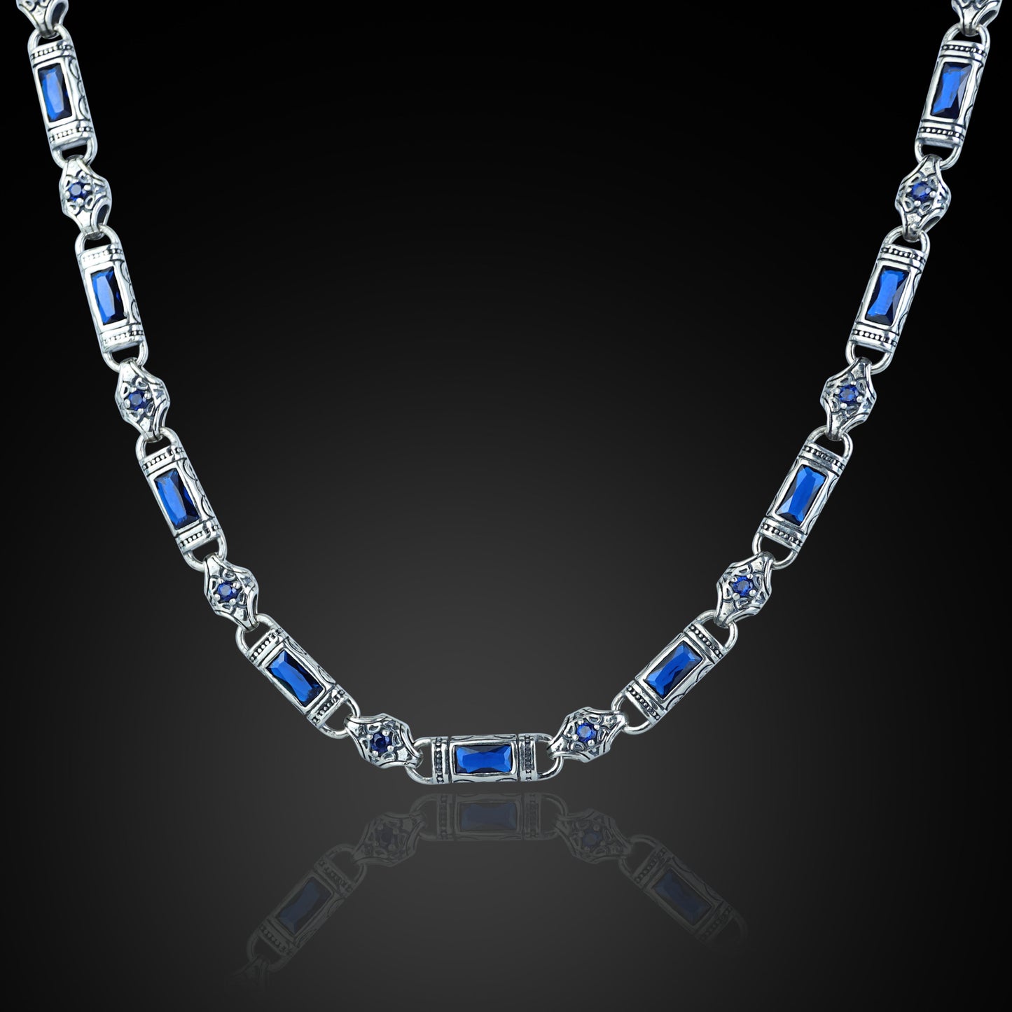Silver Hand-Engraved Sapphire Gemstone Chain Link Necklace