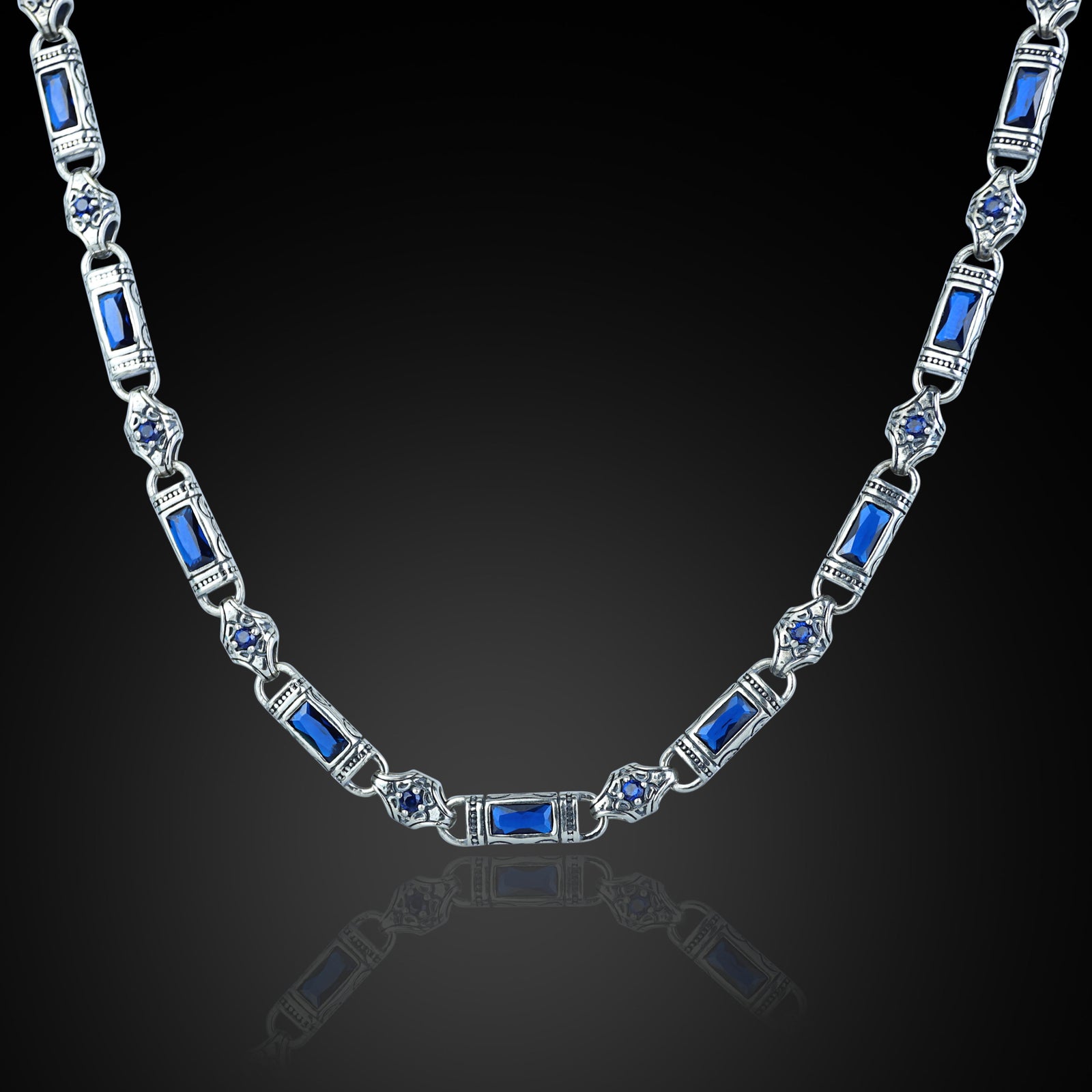 Silver Hand-Engraved Sapphire Gemstone Chain Link Necklace