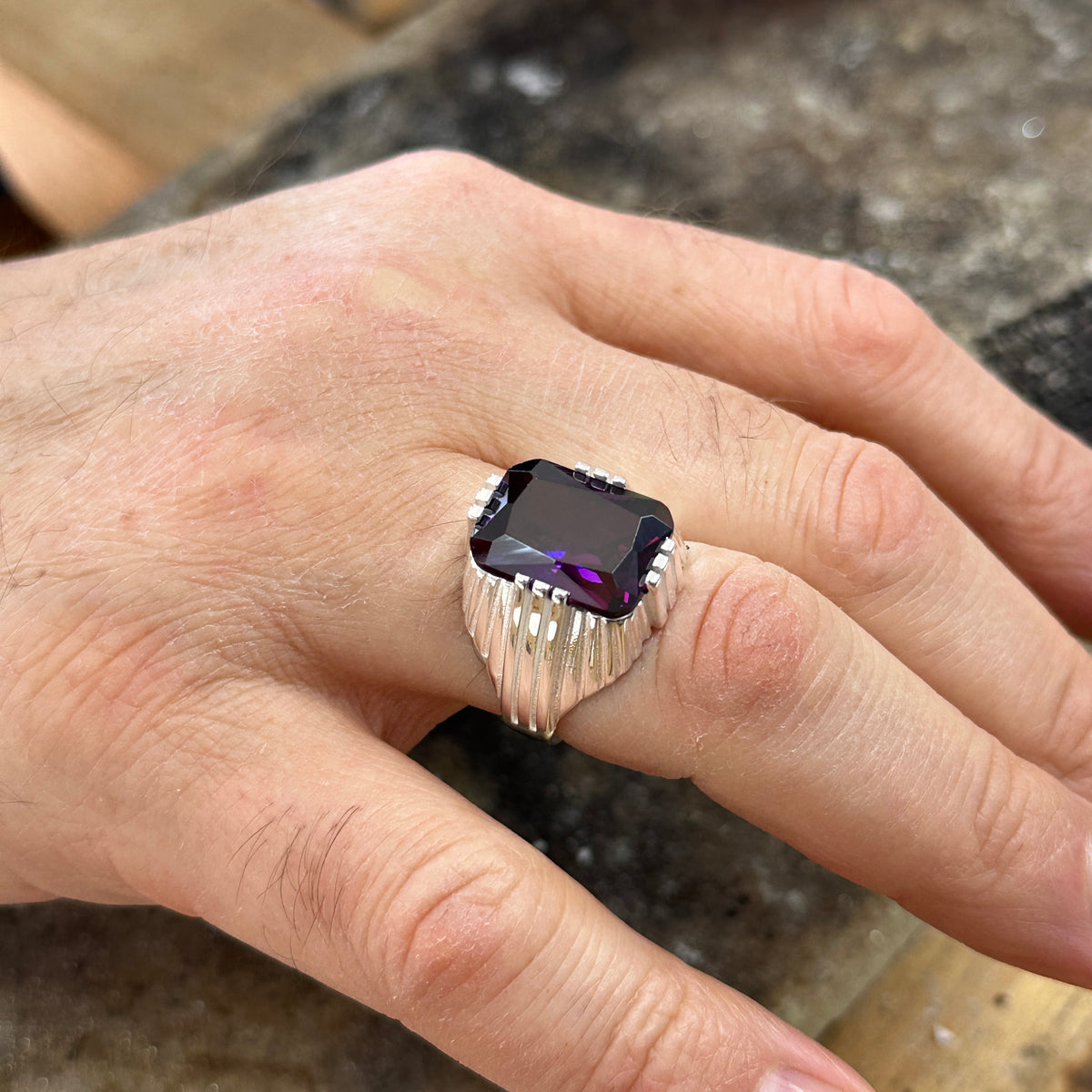 Men Silver Handmade Square Amethyst Stone Ring