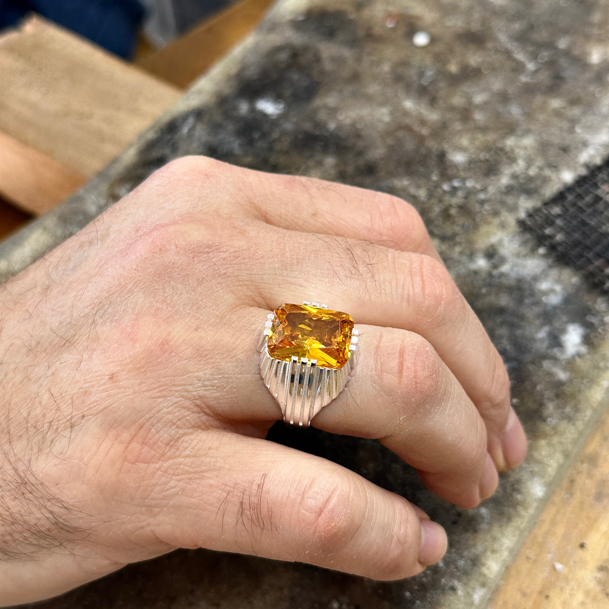 Silver Handmade Square Yellow Citrine Men Ring