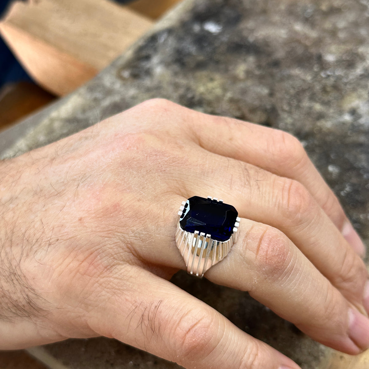 Men Handmade Square Sapphire Gemstone Silver Ring
