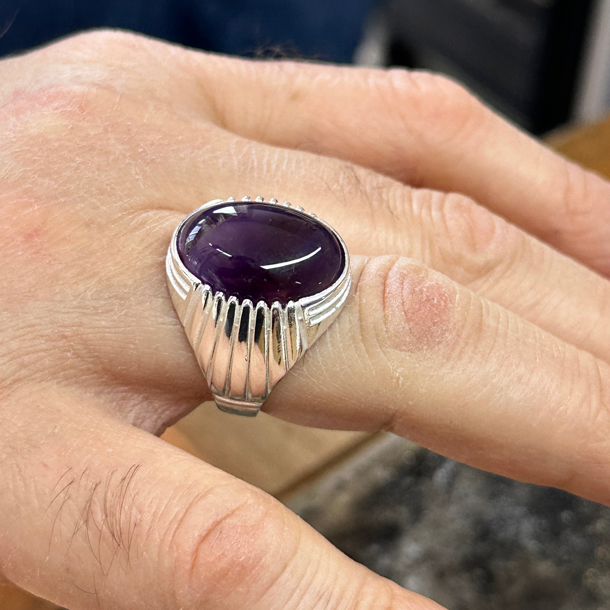 Men Silver Oval Amethyst Gemstone Ring