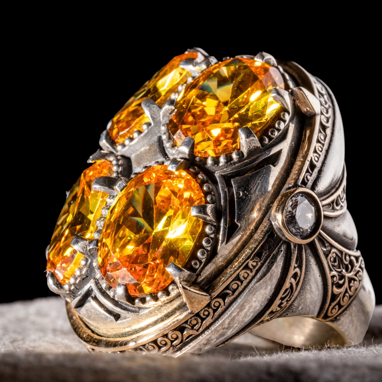 Men Silver Handmade Unique Yellow Citrine Gemstone Ottoman Style Ring