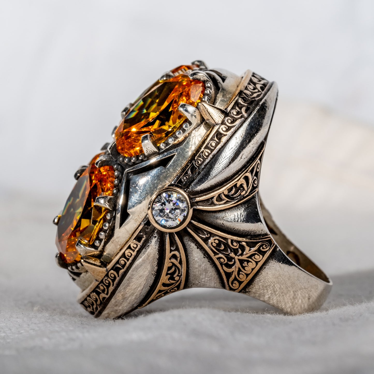 Men Silver Handmade Unique Yellow Citrine Gemstone Ottoman Style Ring