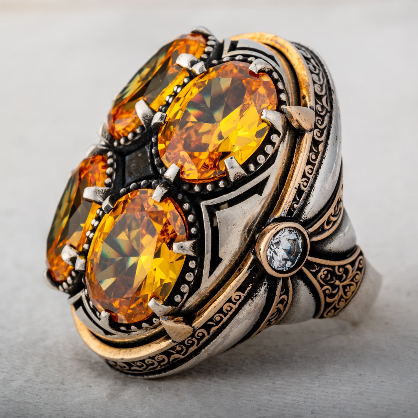 Men Silver Handmade Unique Yellow Citrine Gemstone Ottoman Style Ring