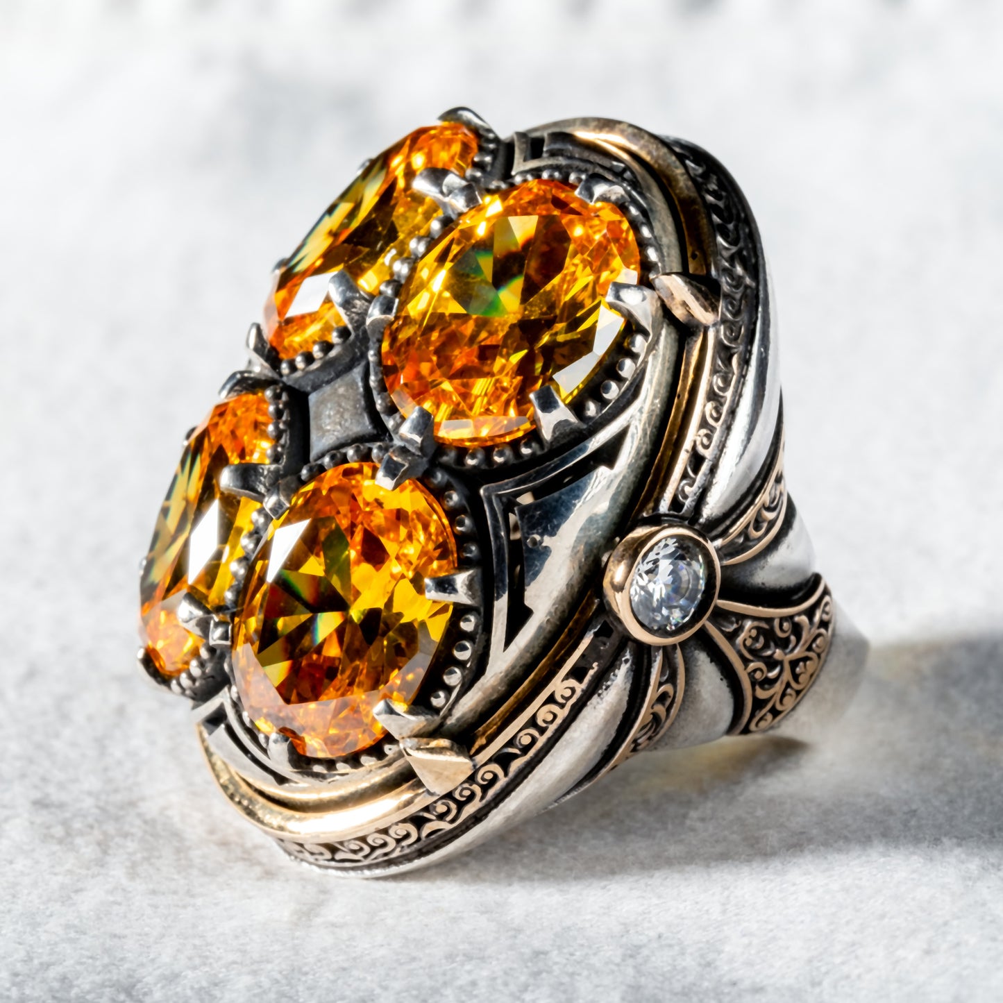 Men Silver Handmade Unique Yellow Citrine Gemstone Ottoman Style Ring