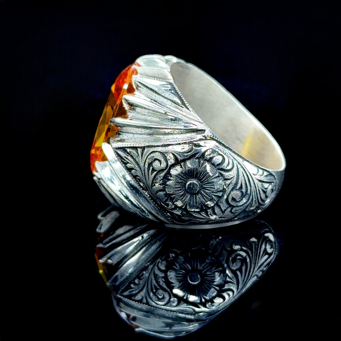 Men Handmade Engraved Natural Citrine Gemstone Ring