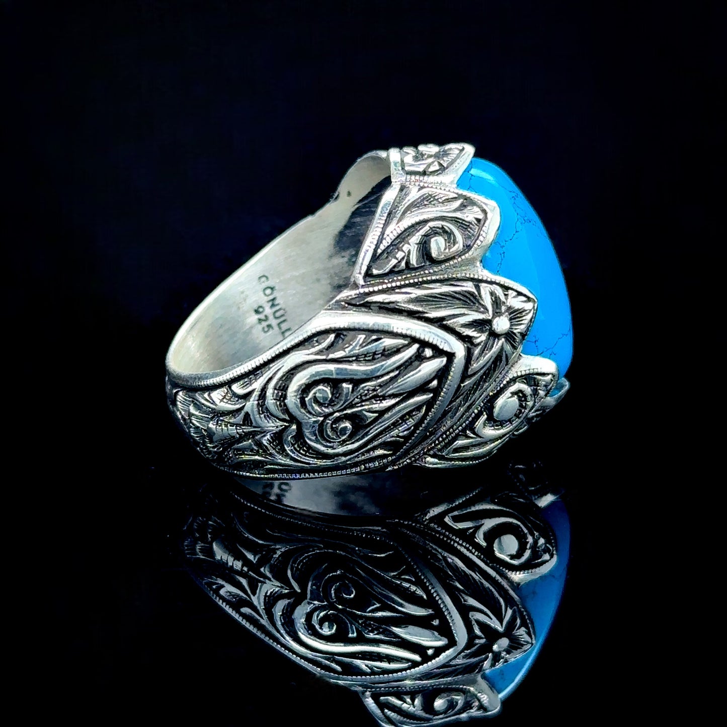 Silver Handmade Natural Turquoise Stone Engraved Ring